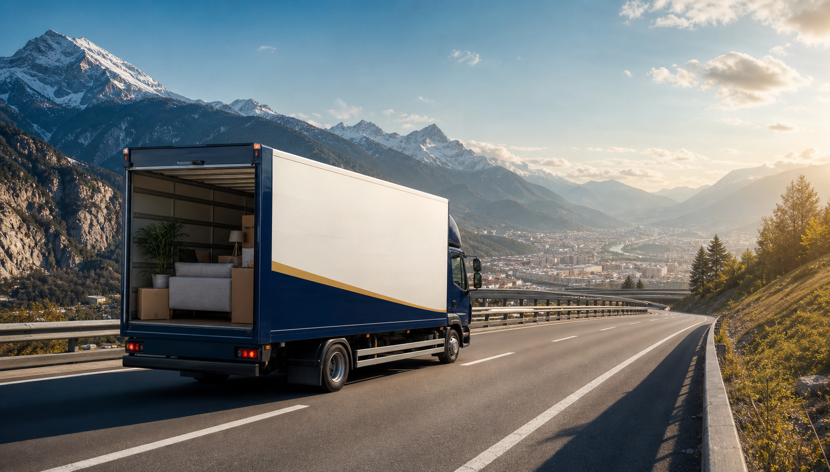 Umzugs-Lkw auf einer europäischen Fernroute in den Alpen